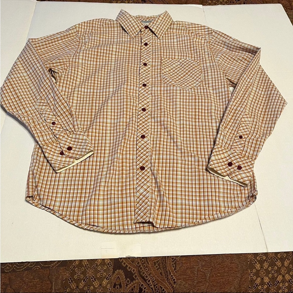 Horny Toad Men Size Medium Orange Rust Blue Plaid Button Front Shirt Long Sleeve